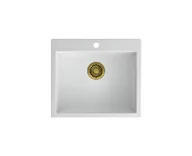 Zlewozmywaki z baterią - Quadron Zlewozmywak granitowy jednokomorowy 57*50*22 cm MORGAN 110 SNOW WHITE ze złotym odpływem z baterią INGRID Q LINE SNOW WHITE kolor biały mat - miniaturka - grafika 1